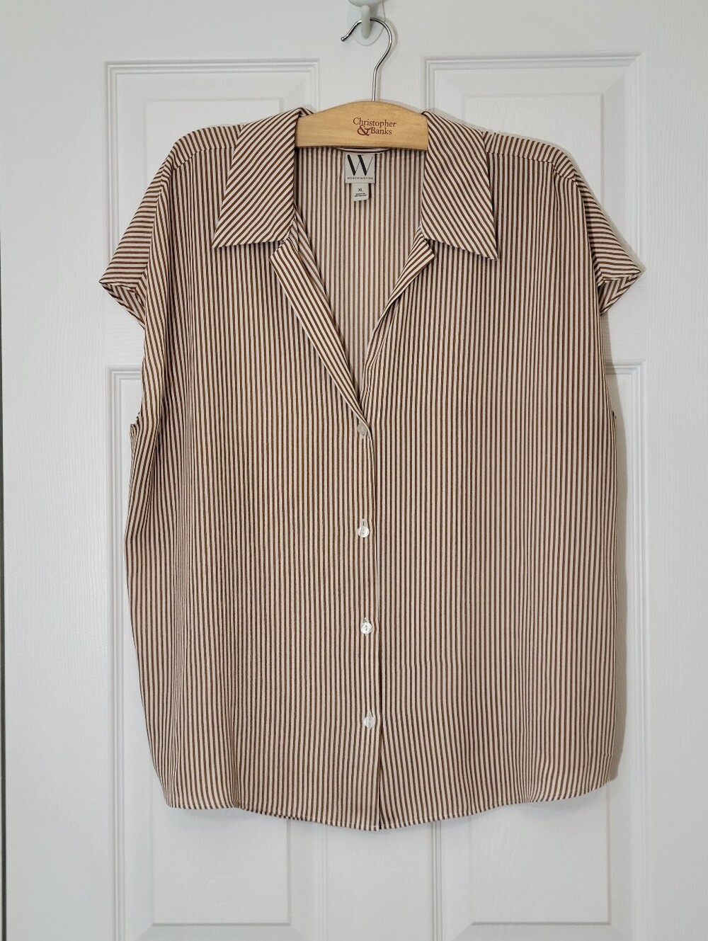 Worthington Short-Sleeve Button-Down Tan & White Striped Blouse Size XL
